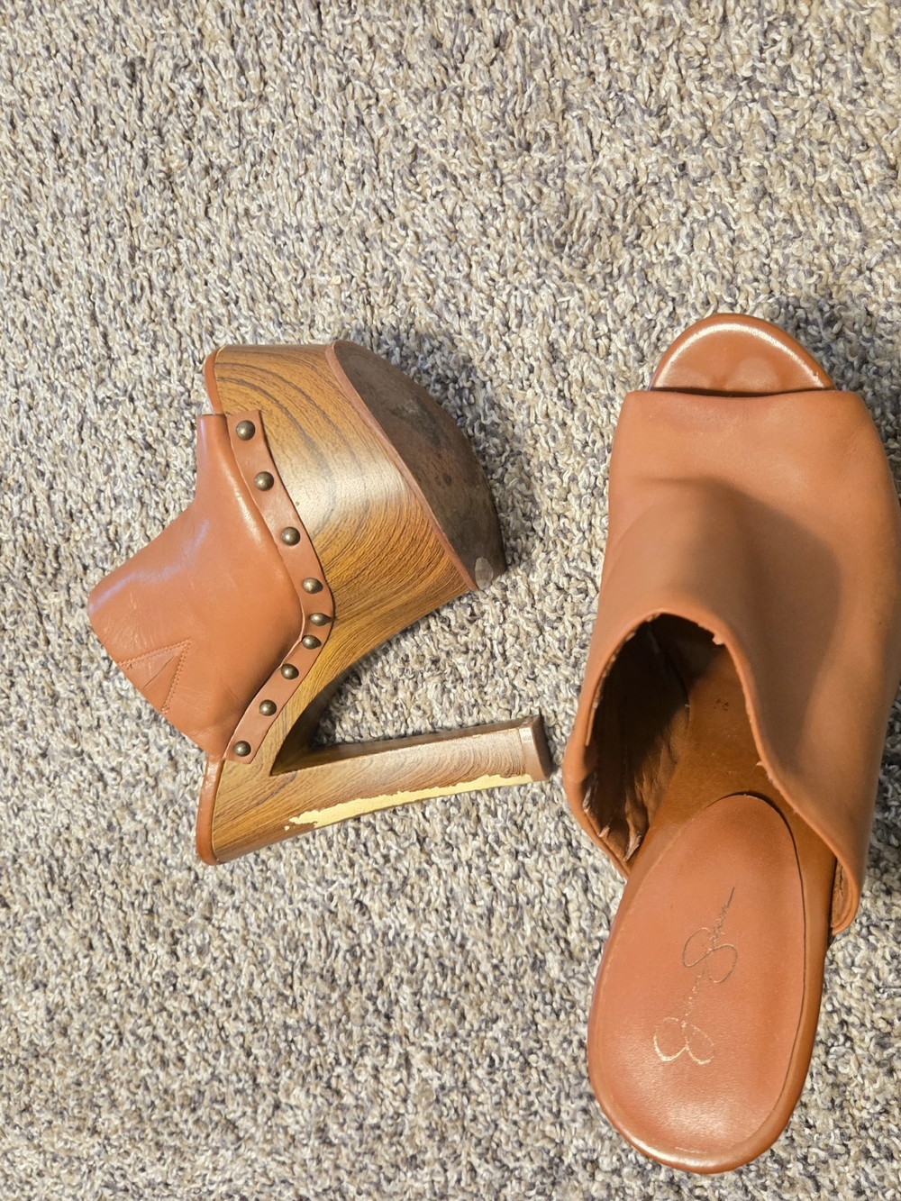 Jessica Simpson Cognac Leather Wood-Platform Mules